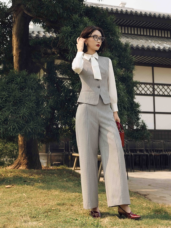 Quần tweed cạp liền dáng xuông