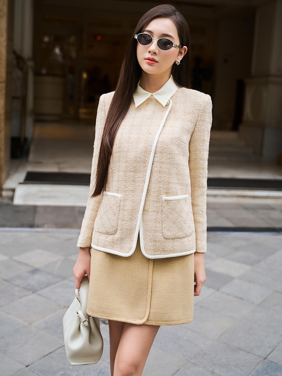 Áo dạ Tweed cổ tròn vạt lệch