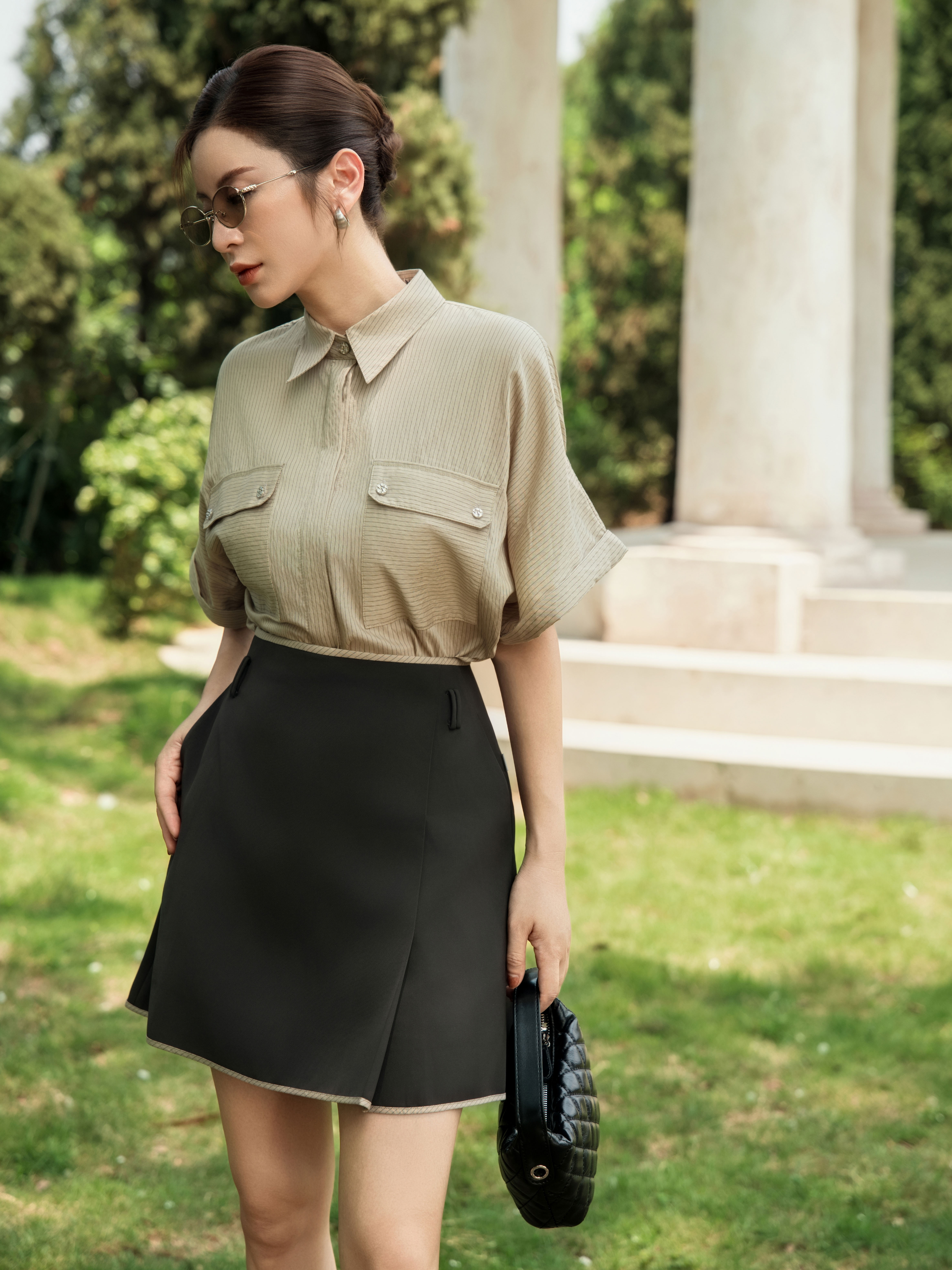 Váy liền cổ đức can rúm eo tay cộc