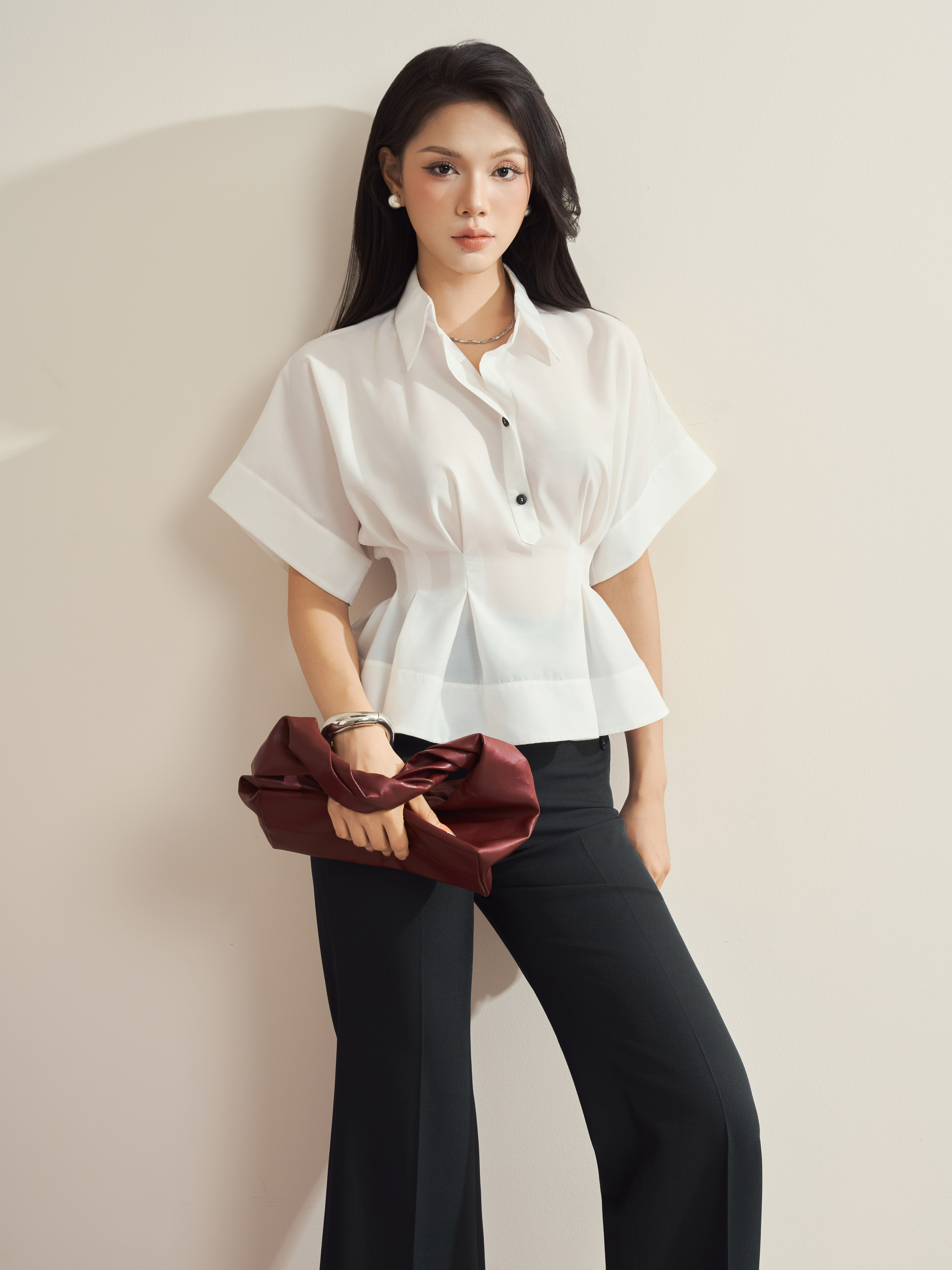 Áo sơ mi liền tay can eo xếp ly xòe gấu