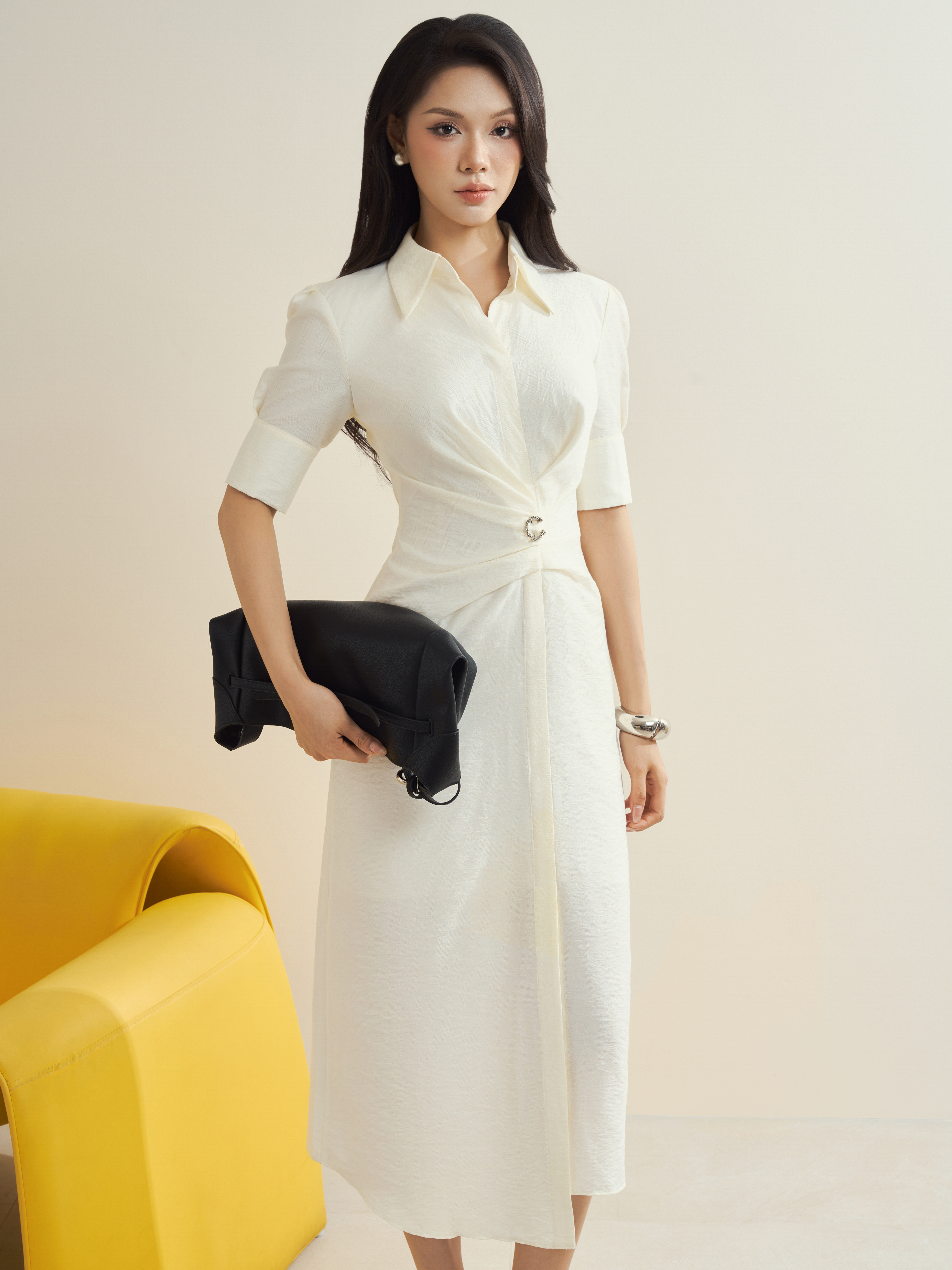 Váy tay lửng cổ đức xếp ly eo