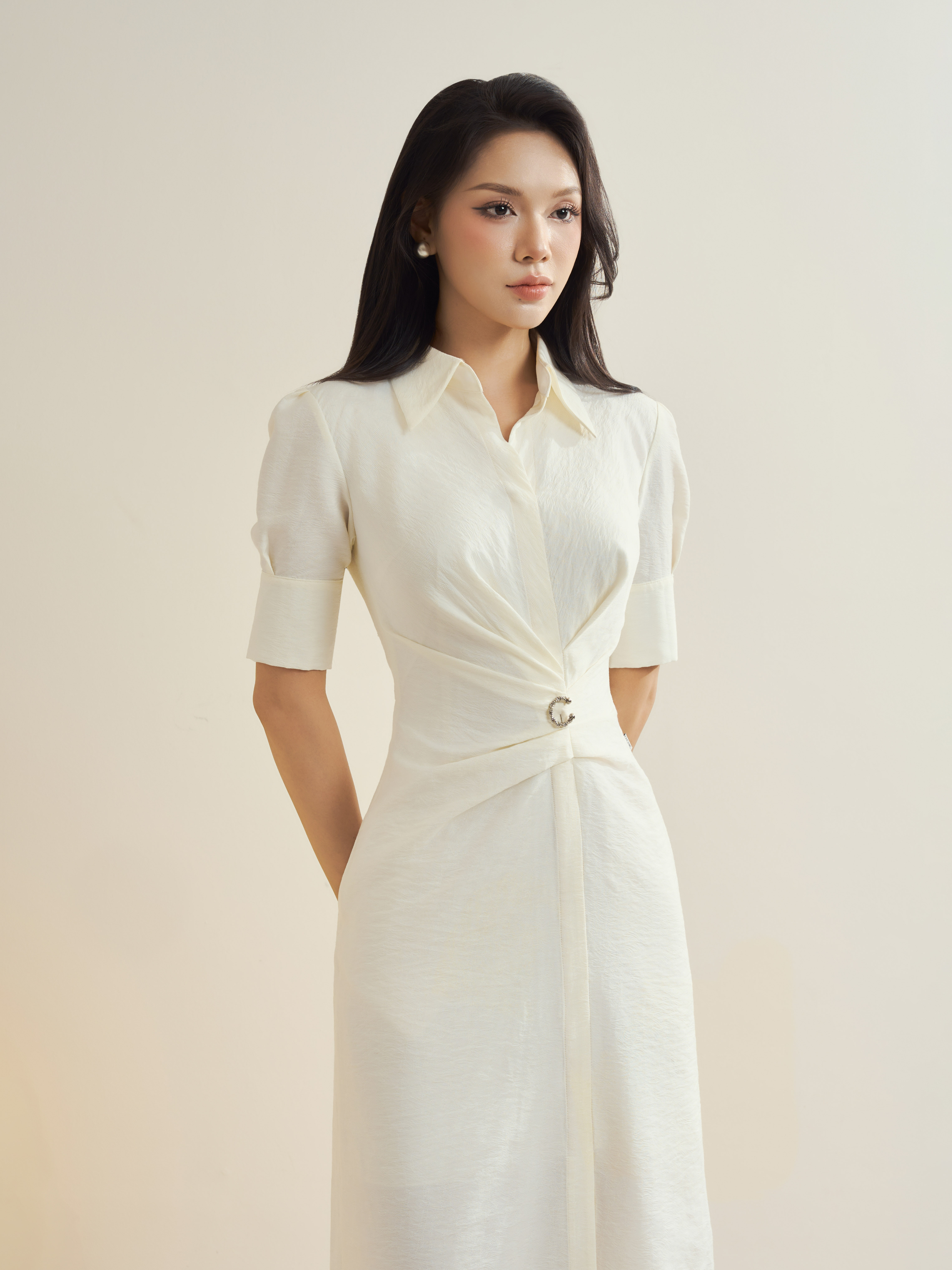 Váy tay lửng cổ đức xếp ly eo