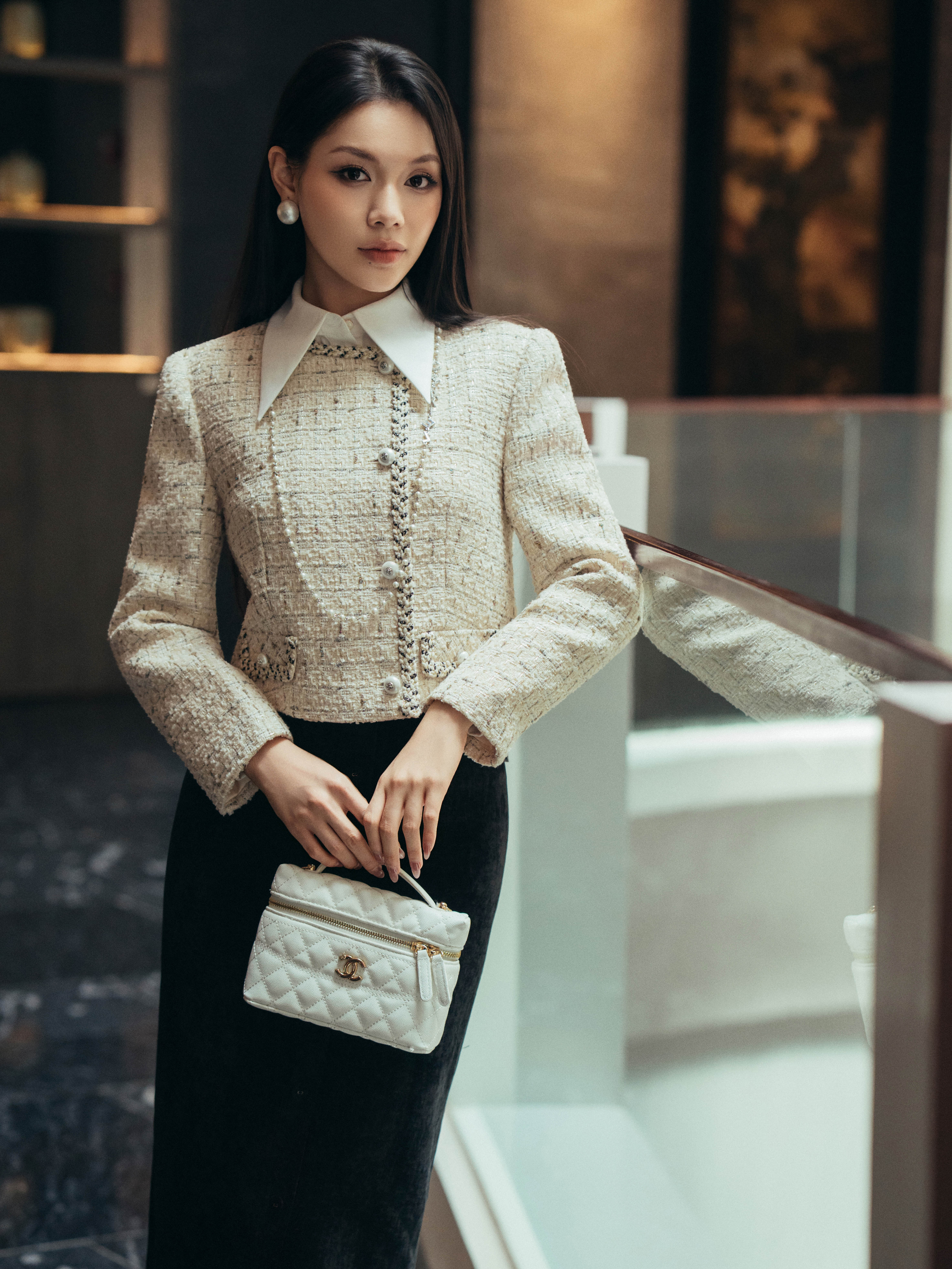 Áo khoác Tweed cổ tròn dáng lửng