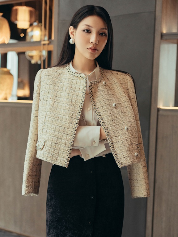 Áo khoác Tweed cổ tròn dáng lửng