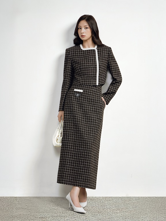 Chân váy A dạ tweet kẻ phối nẹp túi khâu logo DC_AV.5-949