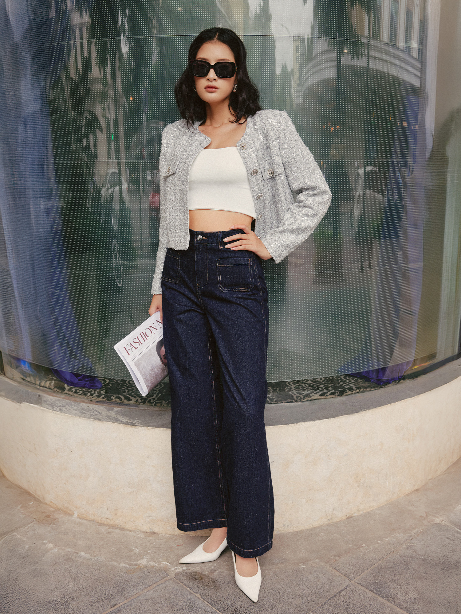 Áo Tweed cổ tròn dáng lửng