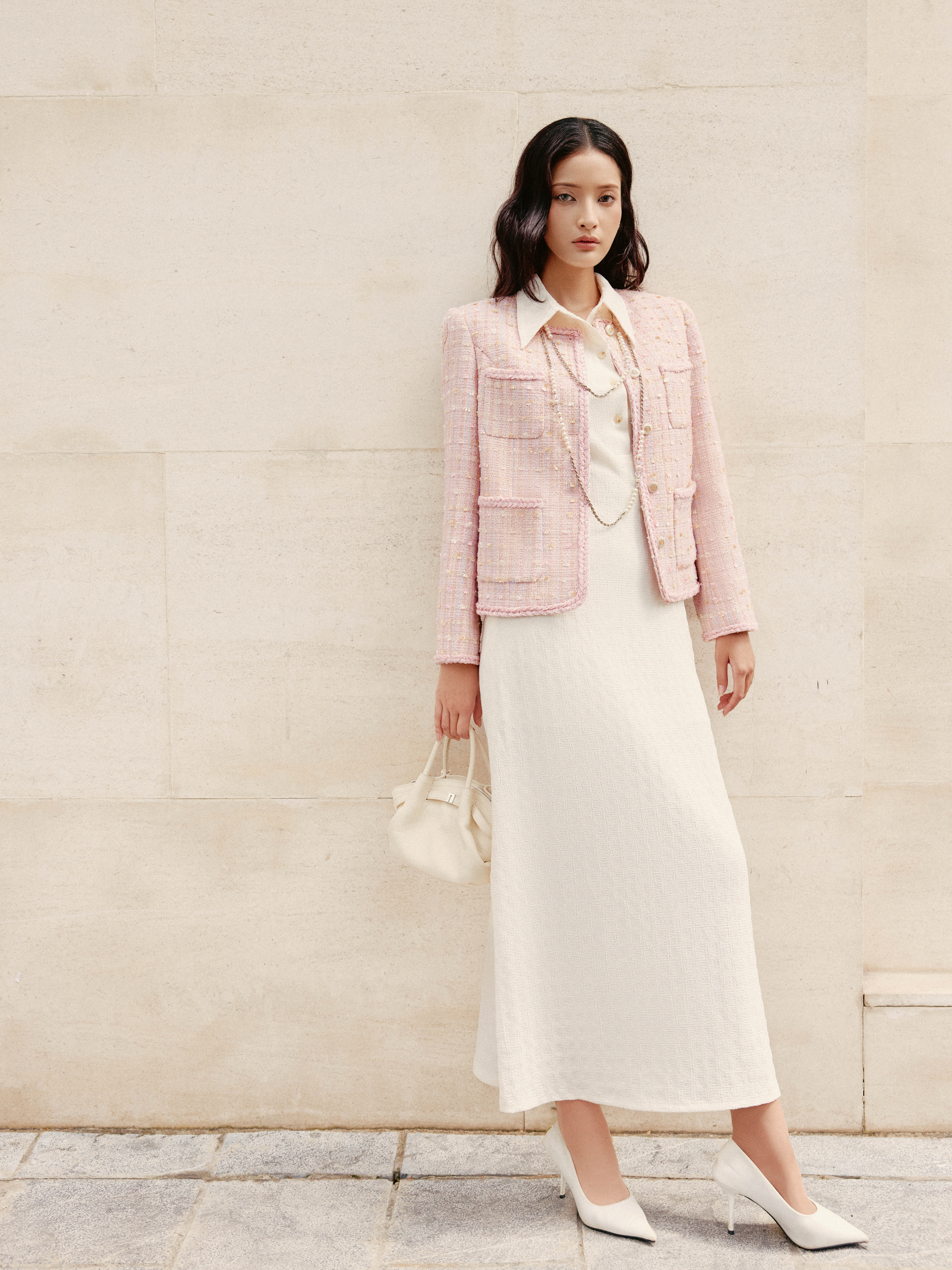 Áo vest dạ tweed kẻ ngang phối viền 4 túi ốp