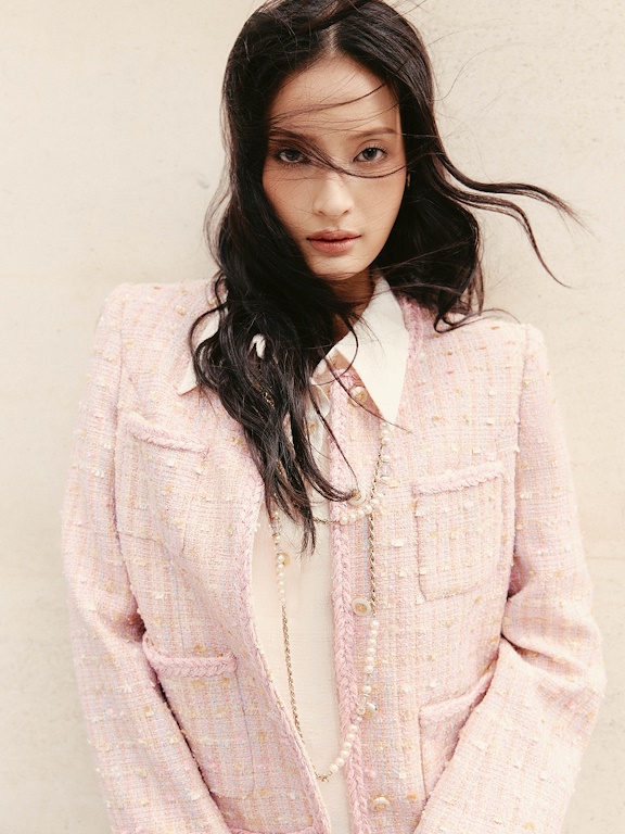 Áo vest dạ tweed kẻ ngang phối viền 4 túi ốp