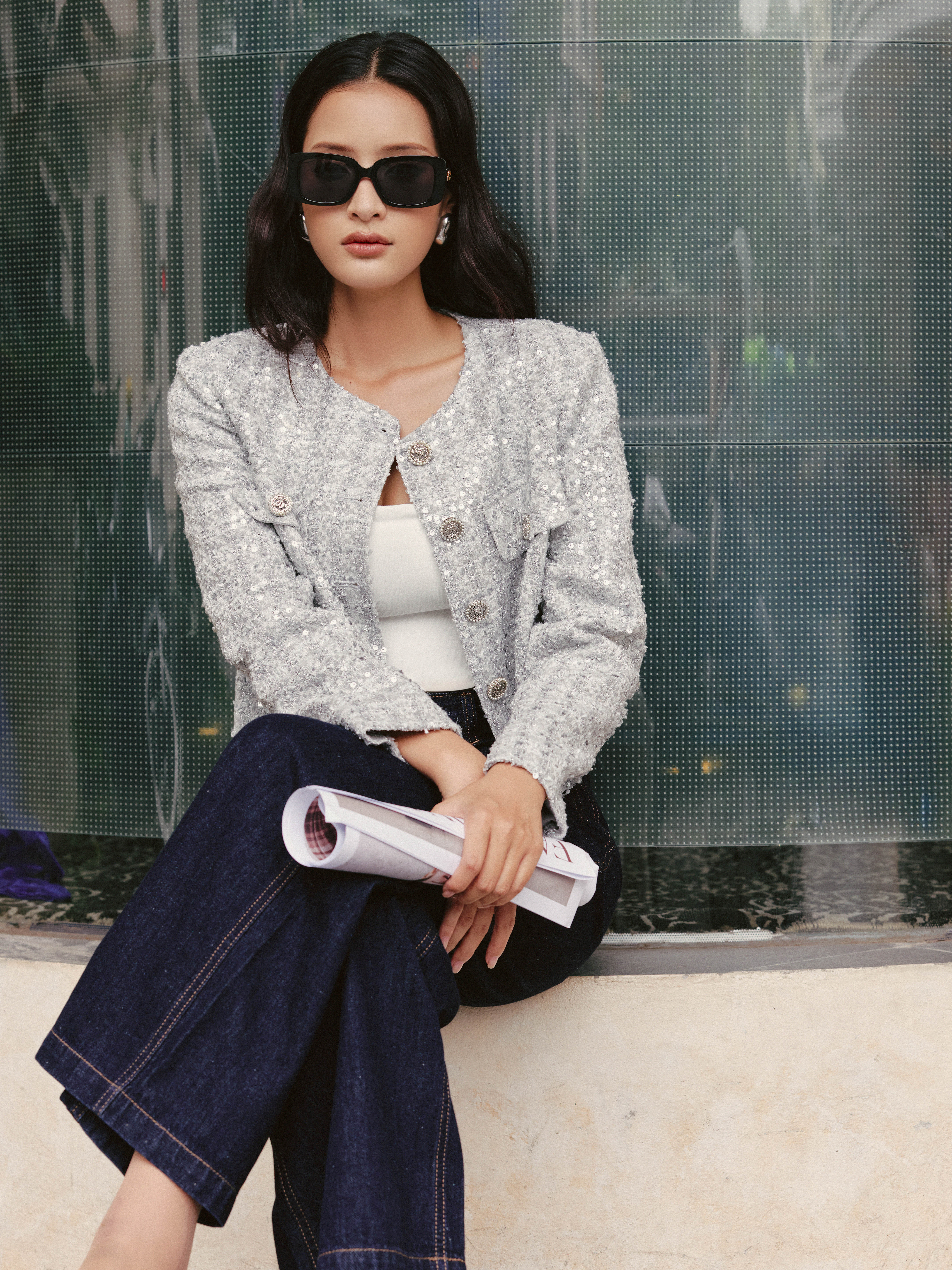 Áo Tweed cổ tròn dáng lửng