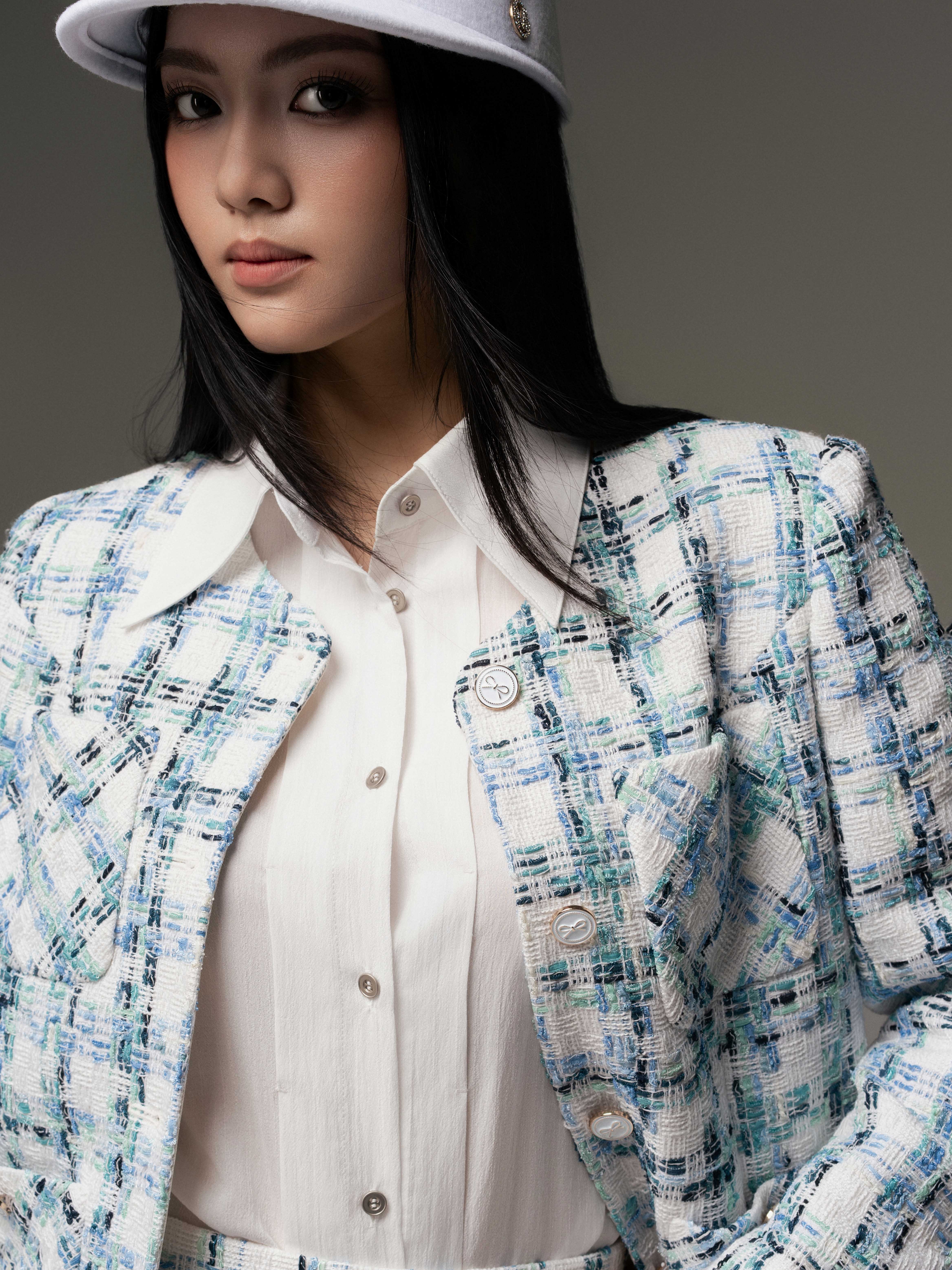 Áo dạ tweed kẻ ô 4 túi ốp