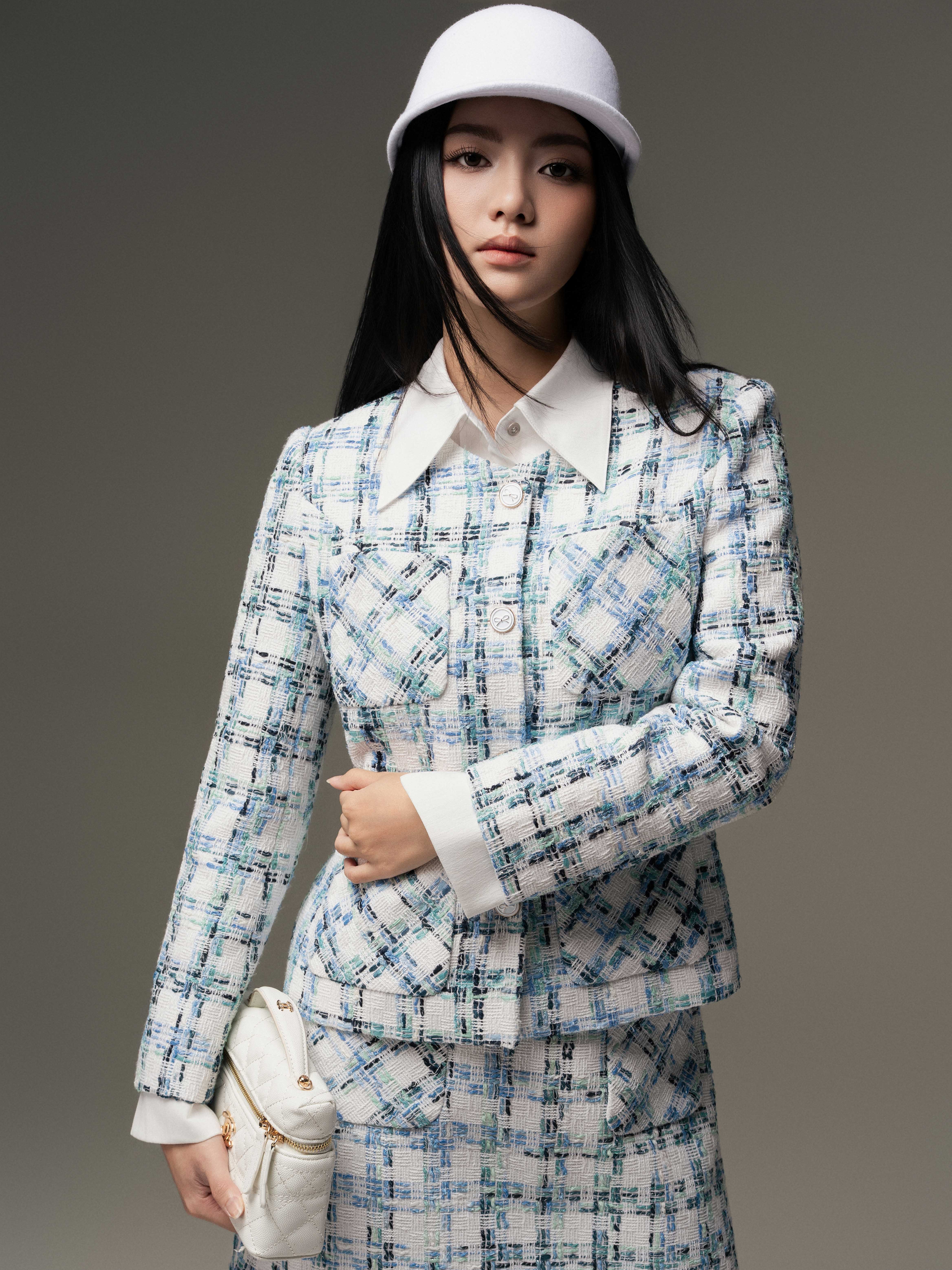 Áo dạ tweed kẻ ô 4 túi ốp