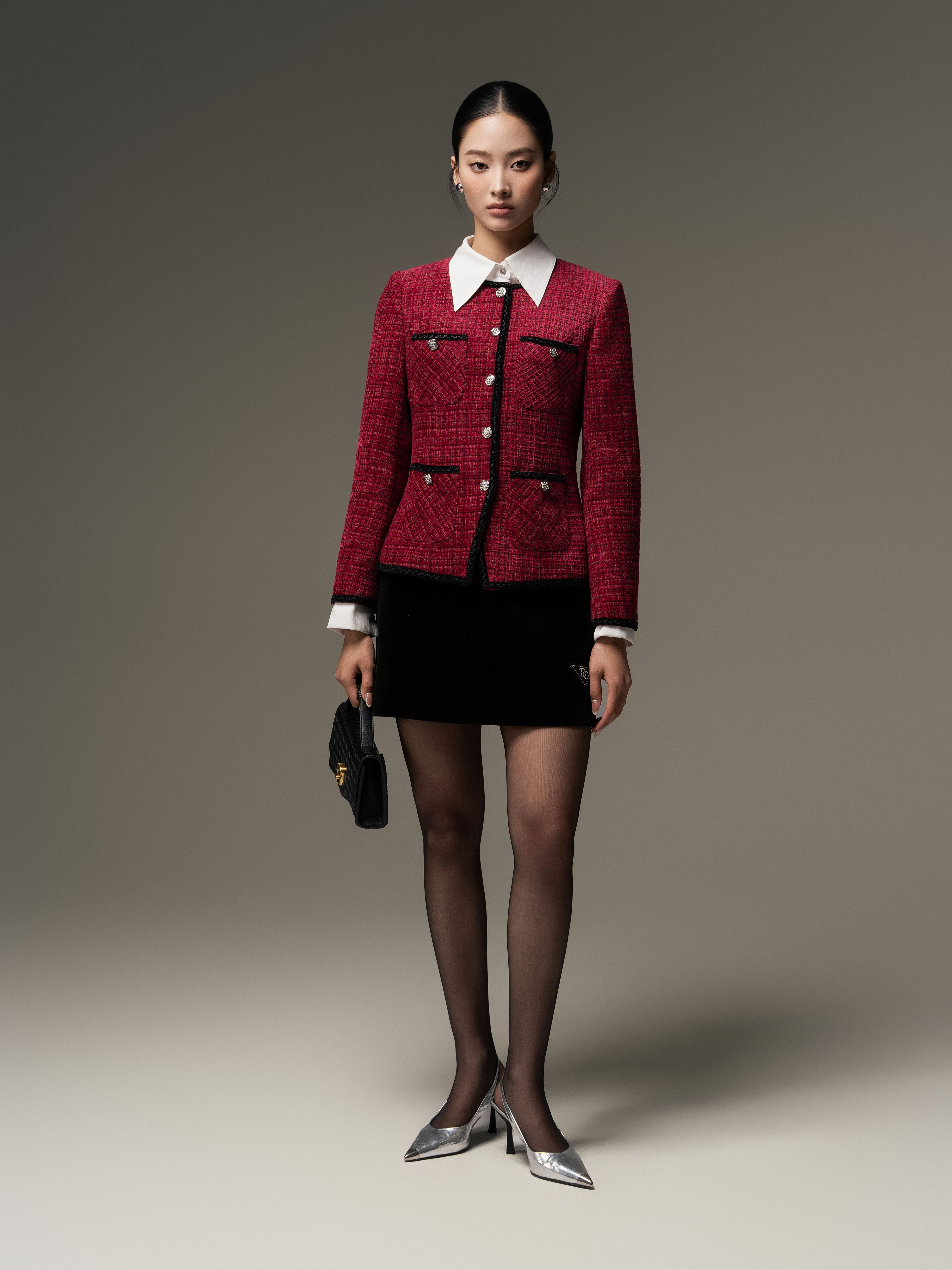 Áo tweed cổ tròn vạt gấu lệch phối viền