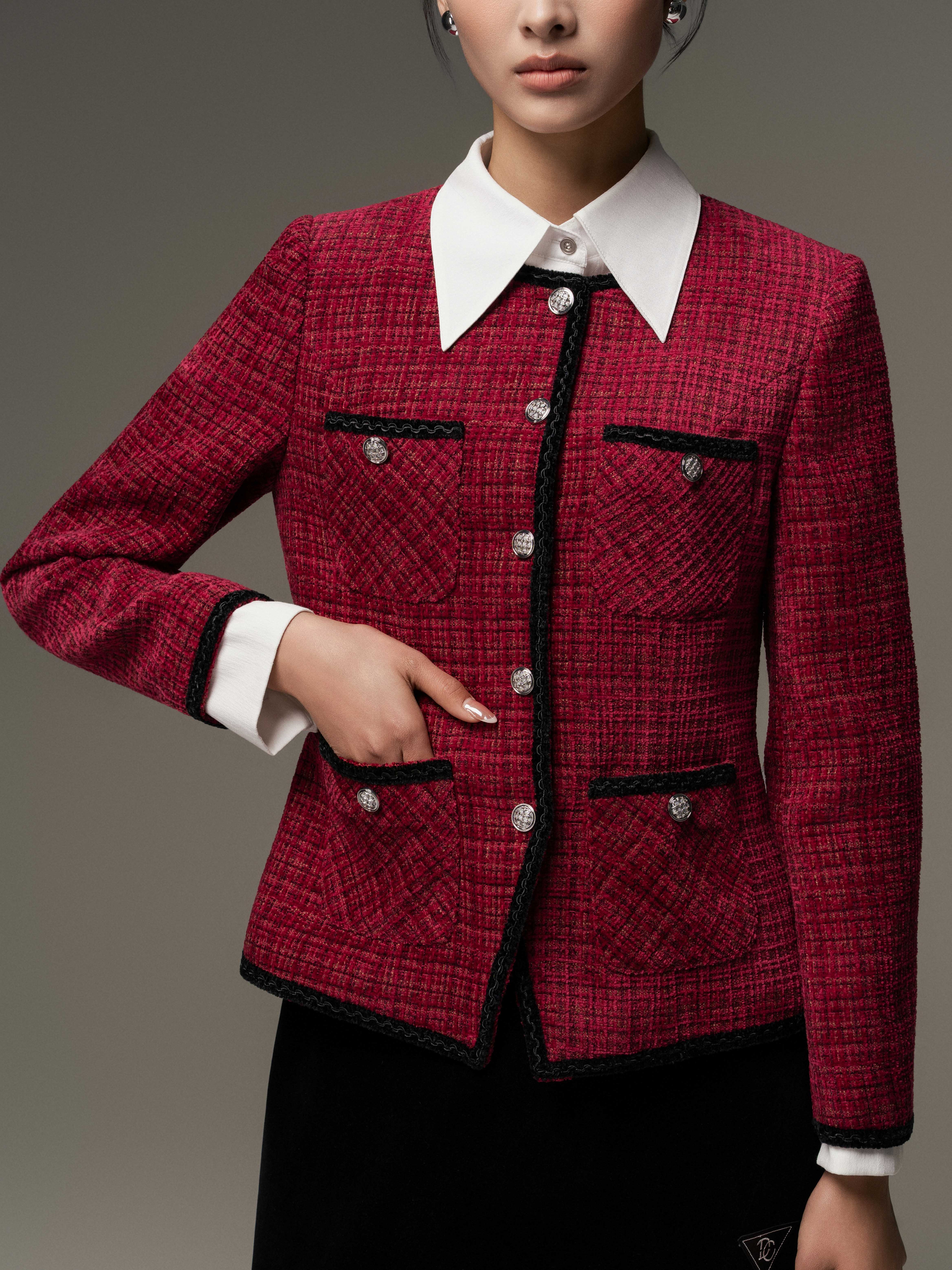 Áo tweed cổ tròn vạt gấu lệch phối viền