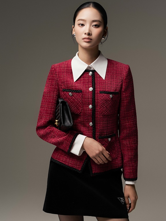 Áo tweed cổ tròn vạt gấu lệch phối viền