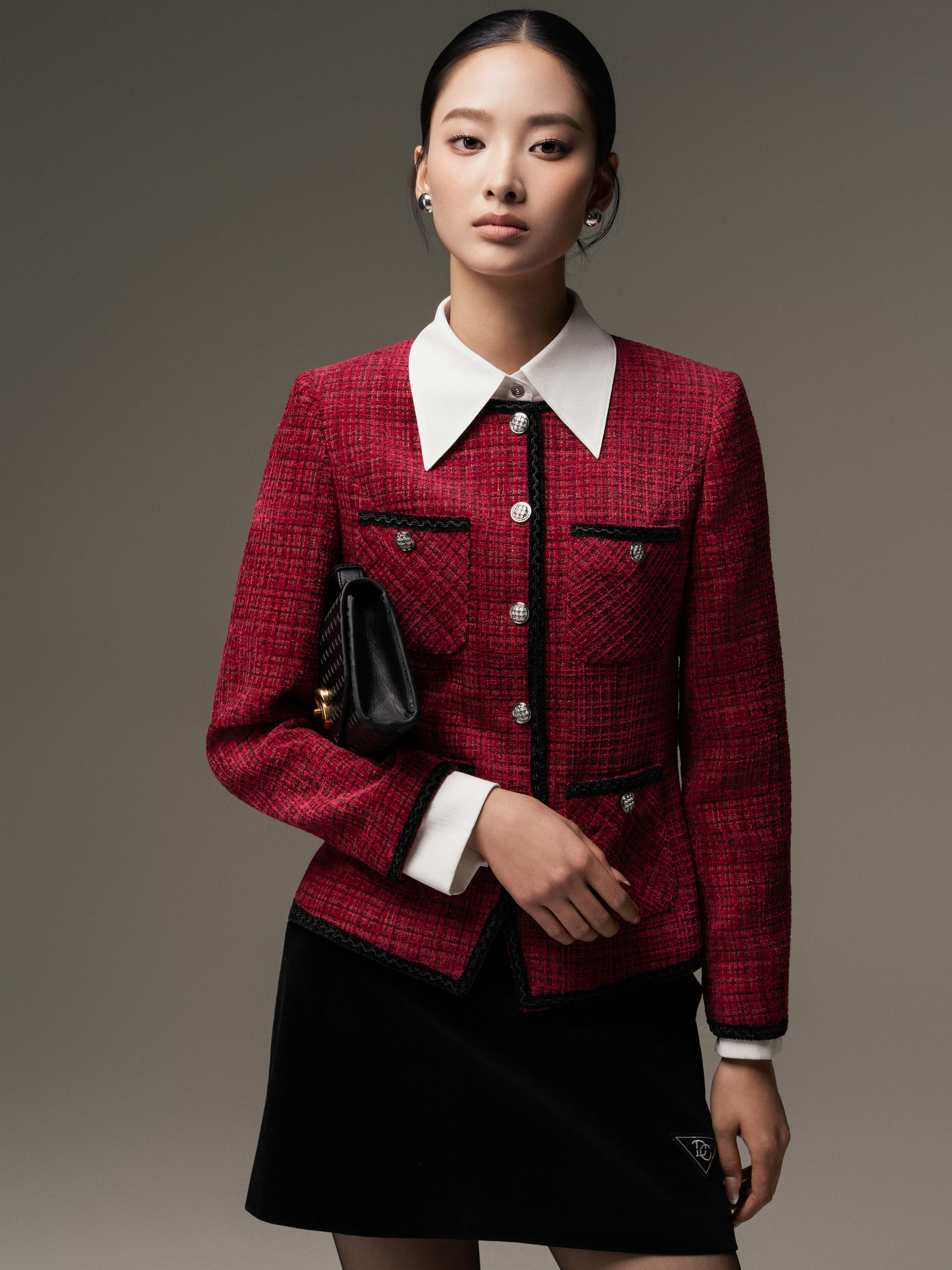 Áo tweed cổ tròn vạt gấu lệch phối viền