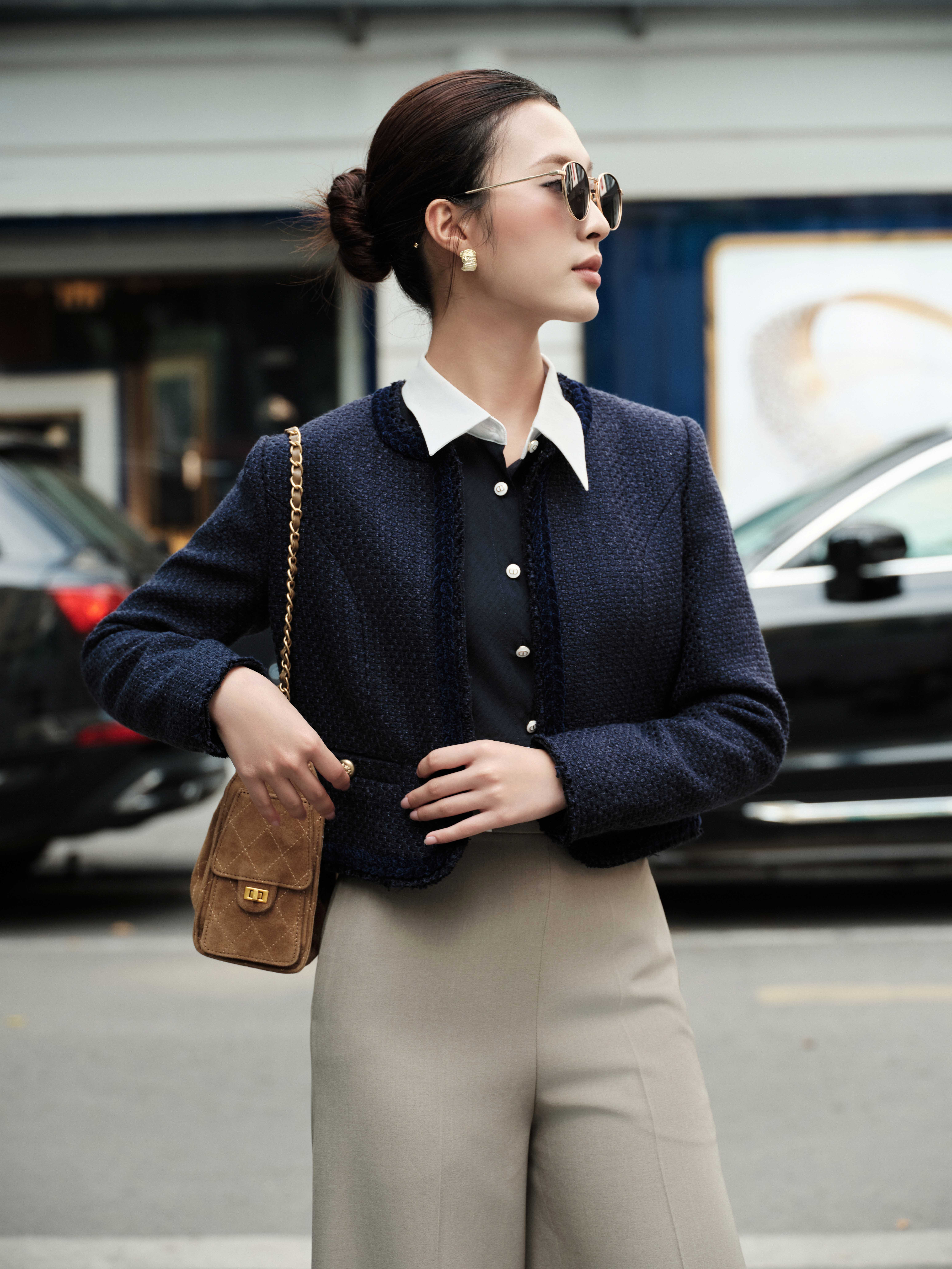 Quần ống đứng phối cạp