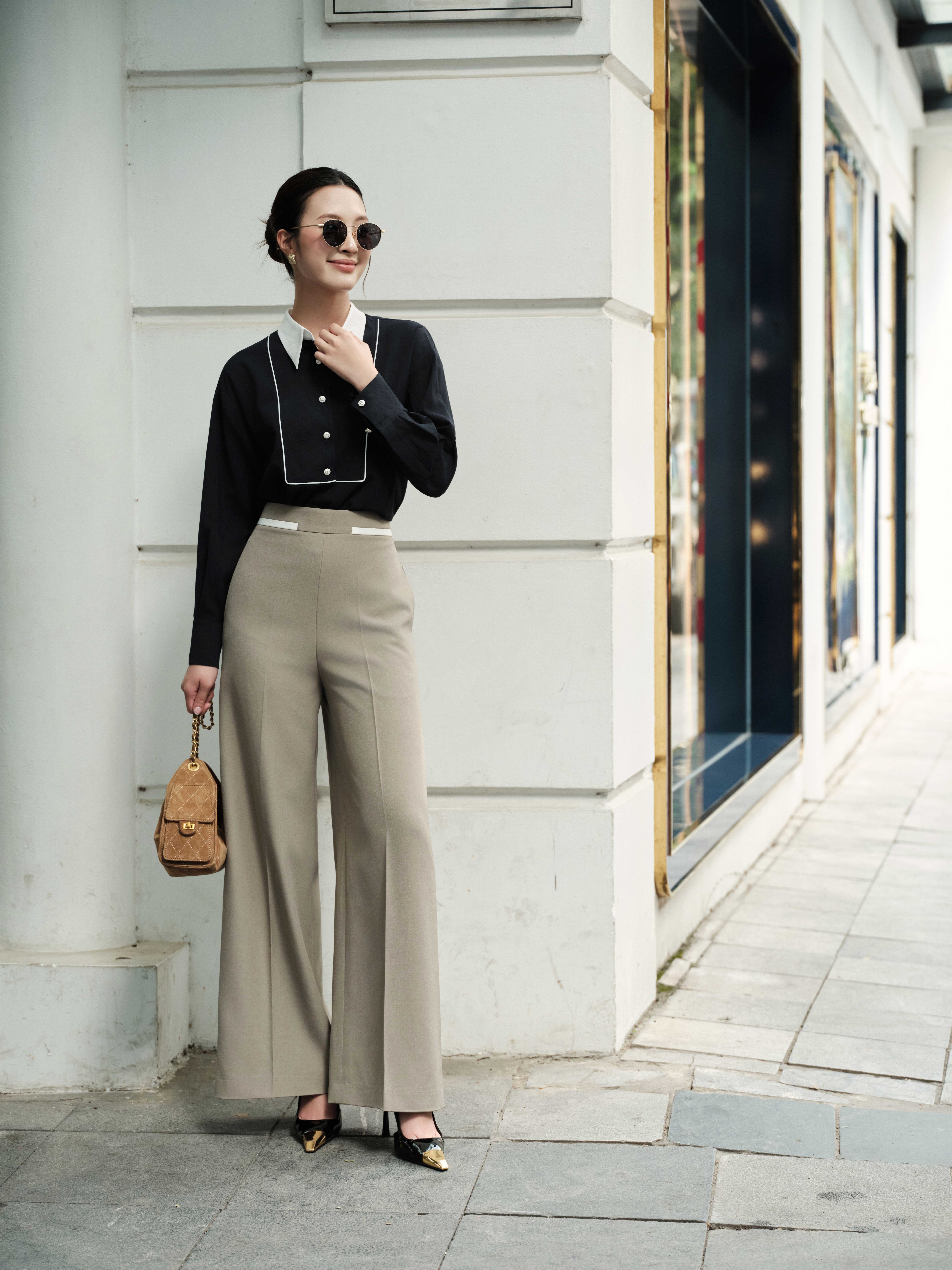 Quần ống đứng phối cạp