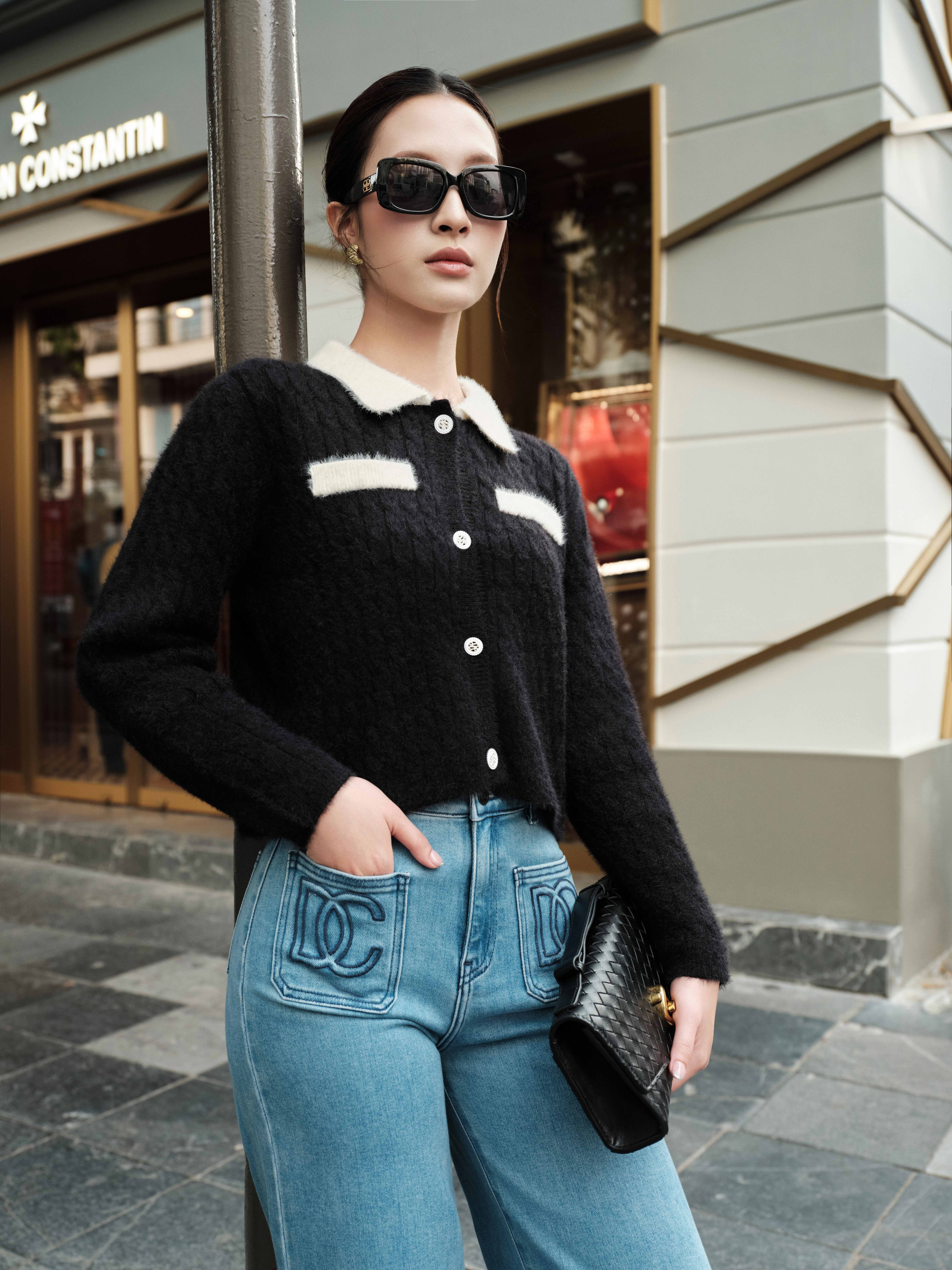 Áo len lông thỏ phối cổ túi ngực-DHC2503