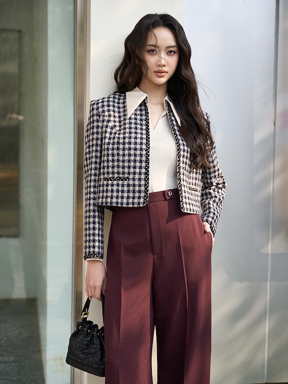 Áo dạ tweed kẻ ô vuông phối viền