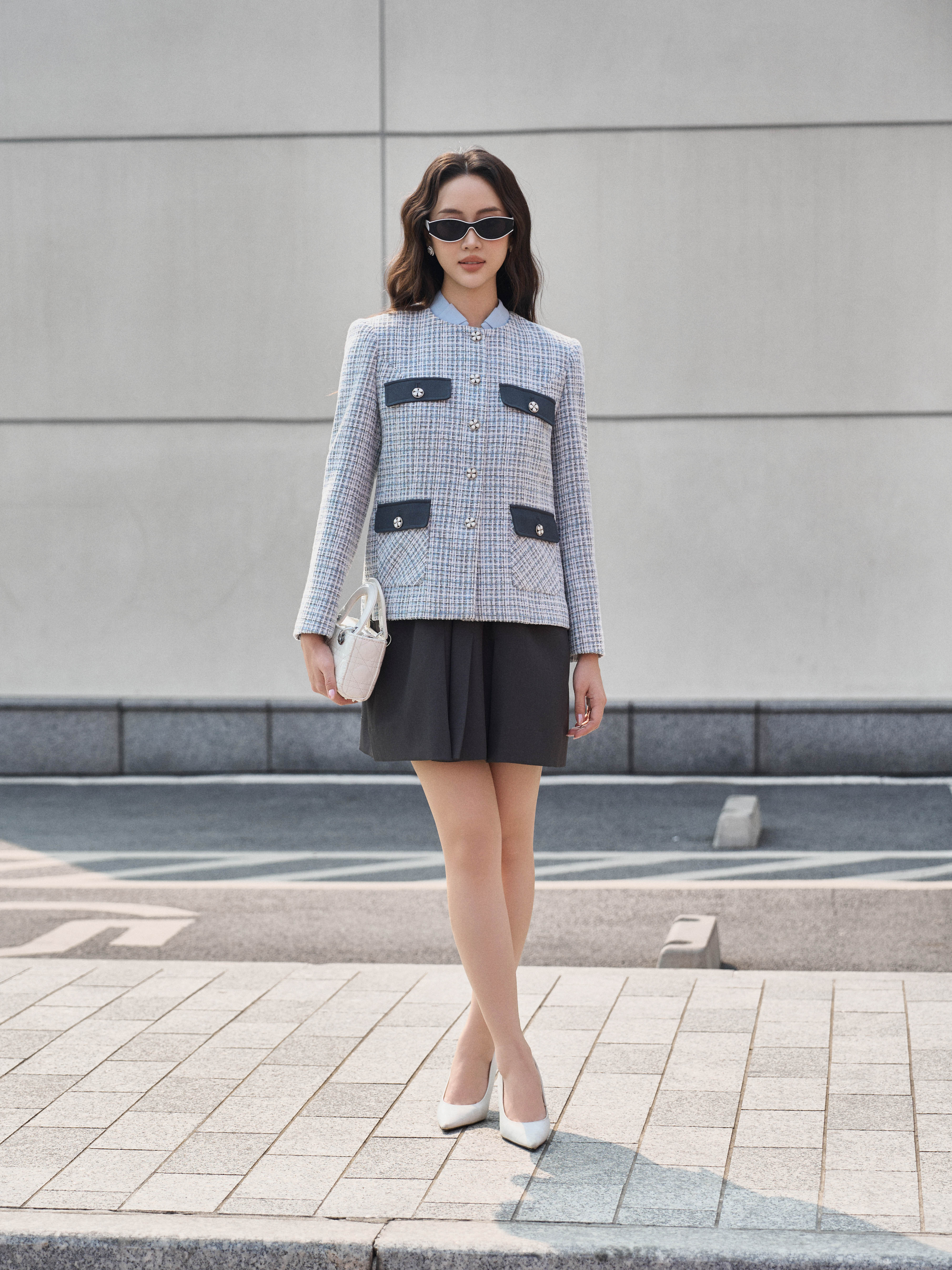 Áo tweed kẻ nắp túi phối