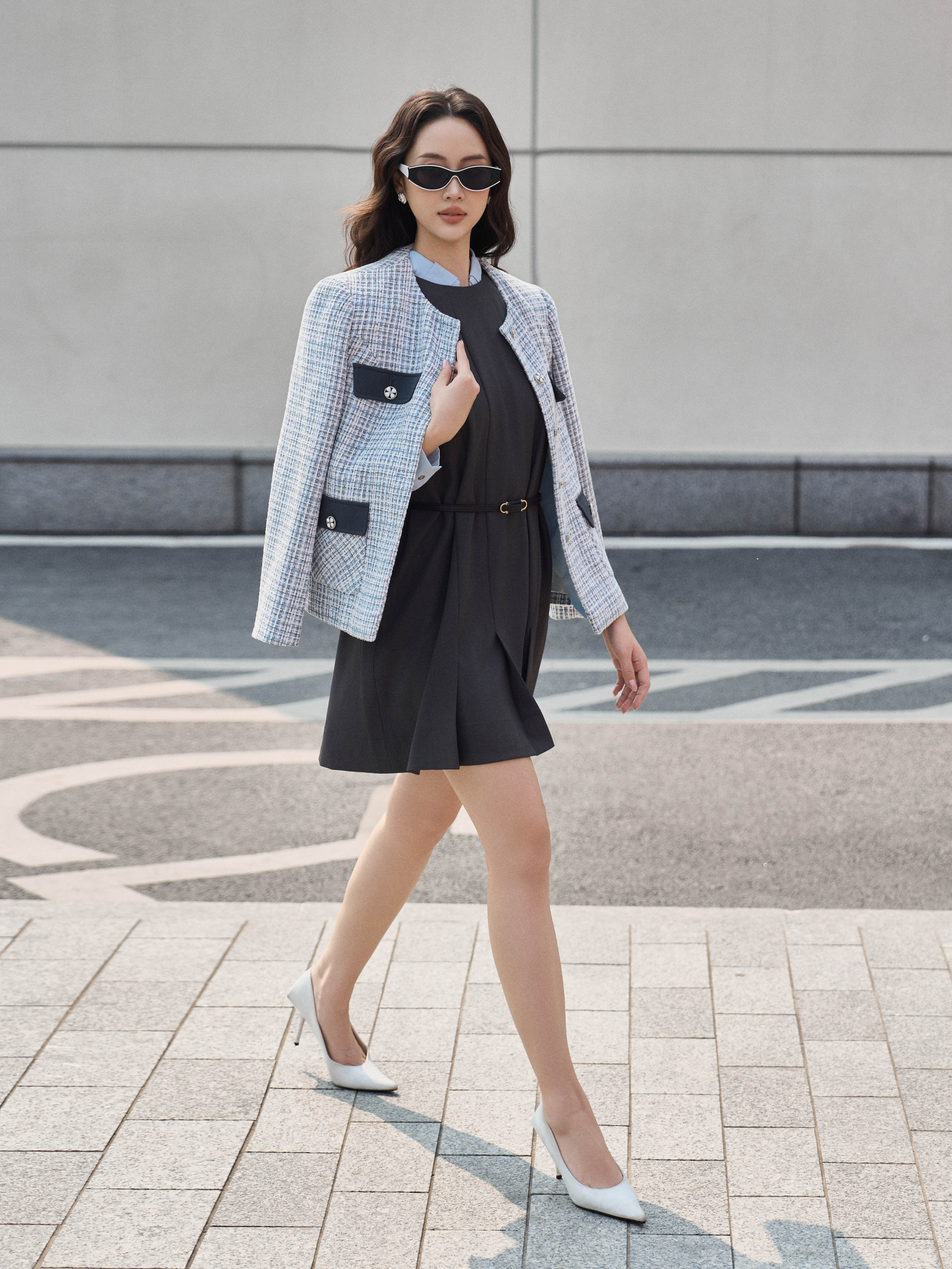 Áo tweed kẻ nắp túi phối