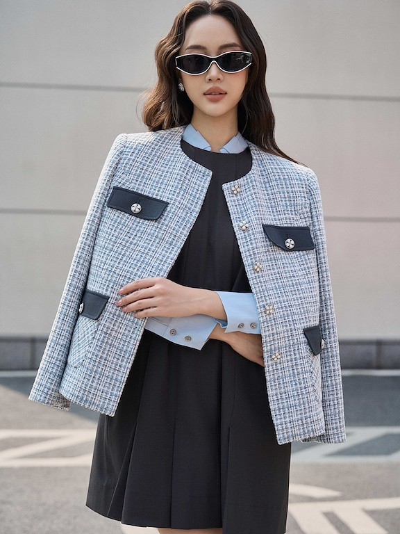 Áo tweed kẻ nắp túi phối