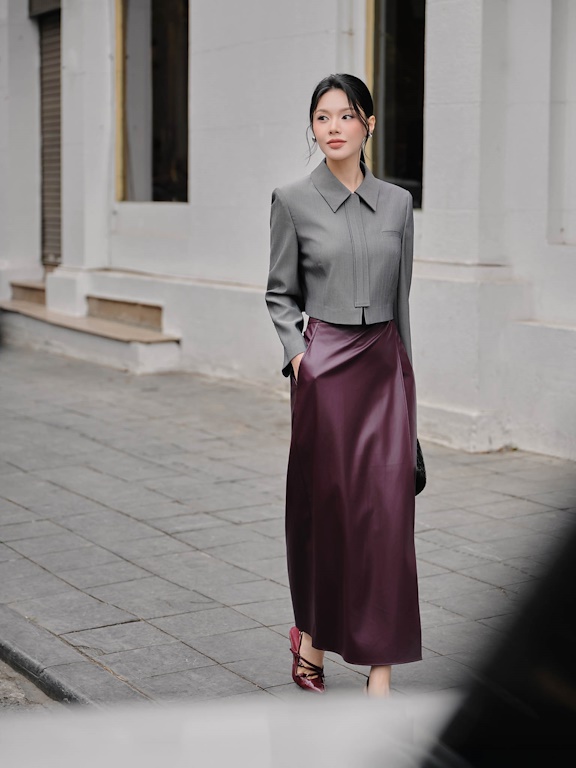 Chân váy da midi vạt rời
