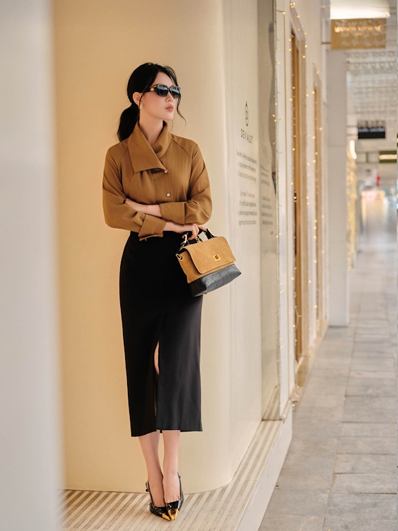 Chân váy midi cạp phối