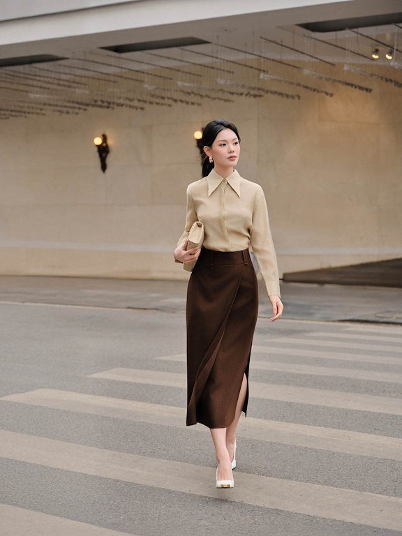 Chân váy midi chéo tà thắt dây đai