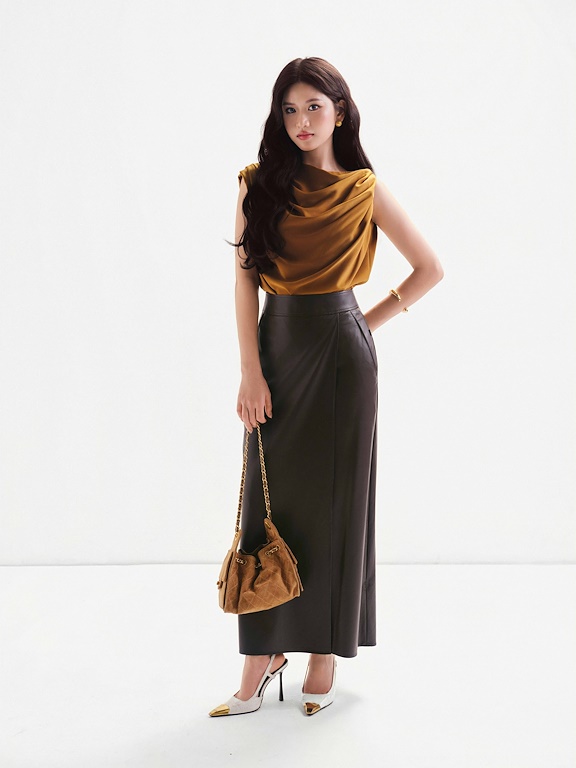 Chân váy da midi vạt rời