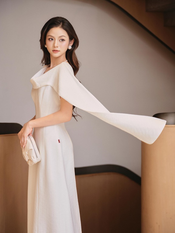 Váy cổ vạt gập vai chờm 1 bên