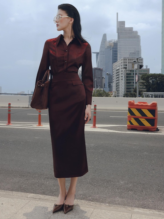 Chân váy lụa midi 2 nắp túi