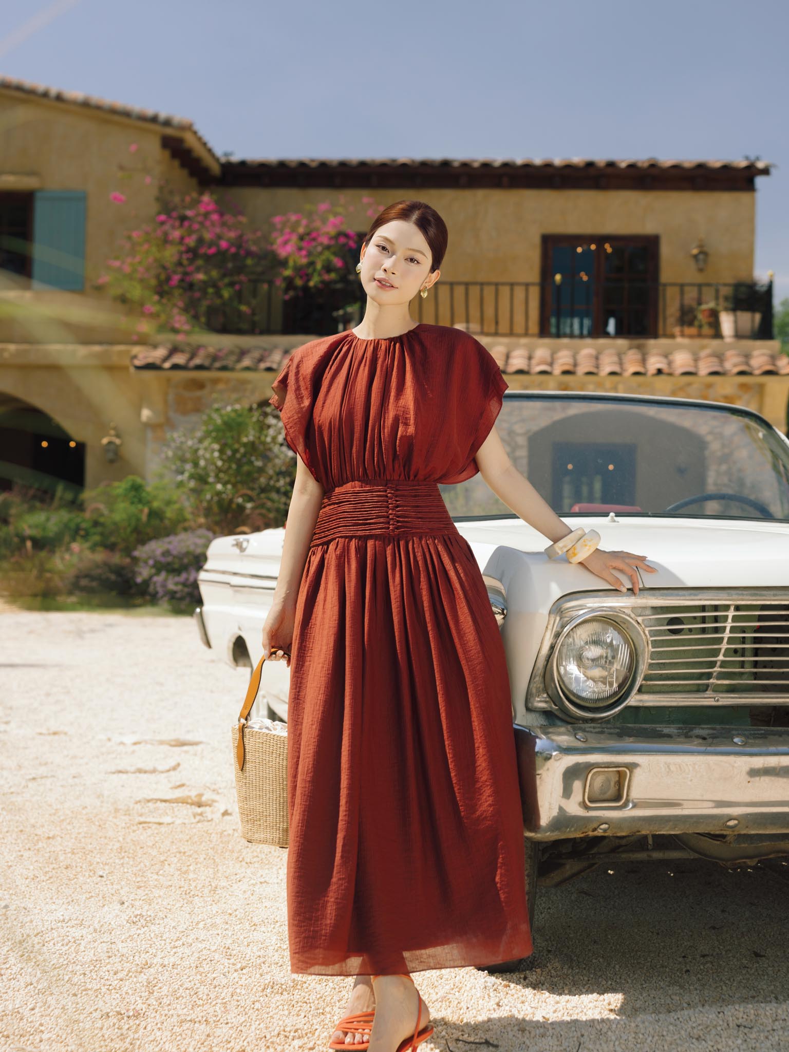 Váy tơ liền cạp eo xếp ly chéo bản to