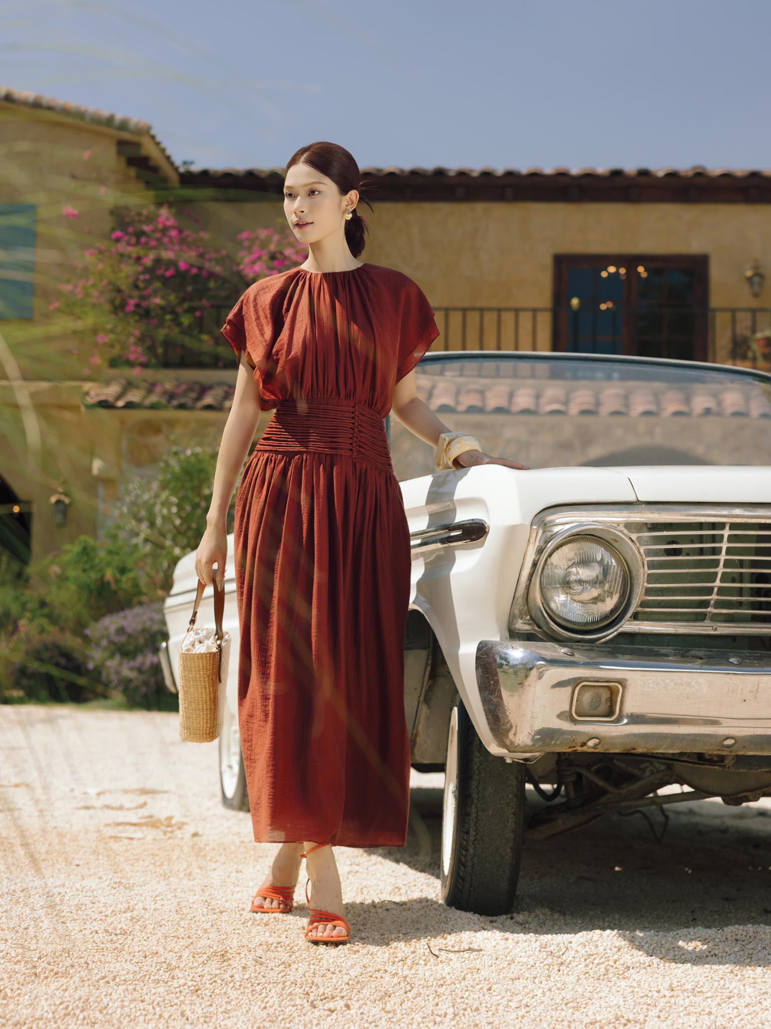 Váy tơ liền cạp eo xếp ly chéo bản to