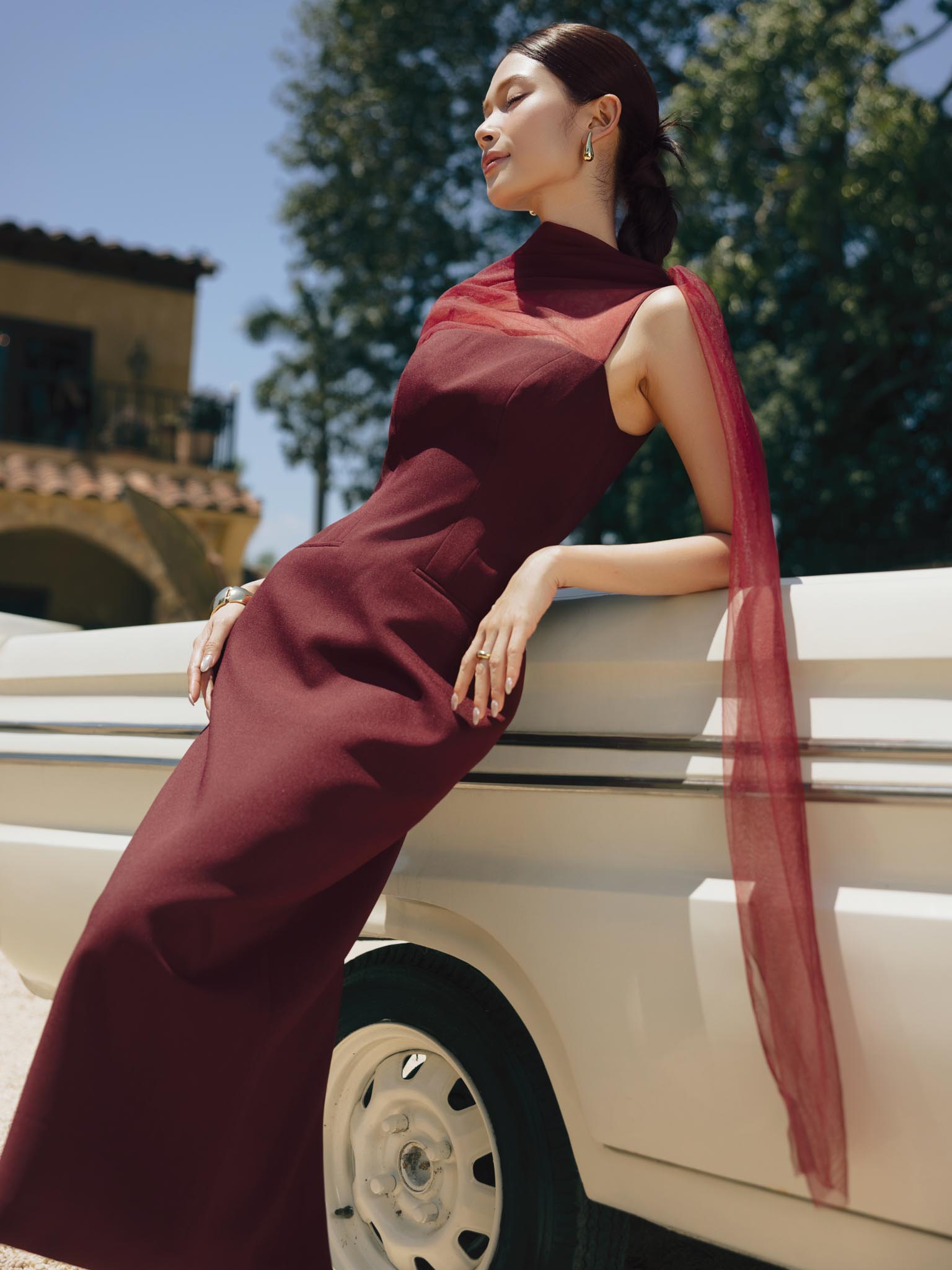 Váy sát nách phối khăn