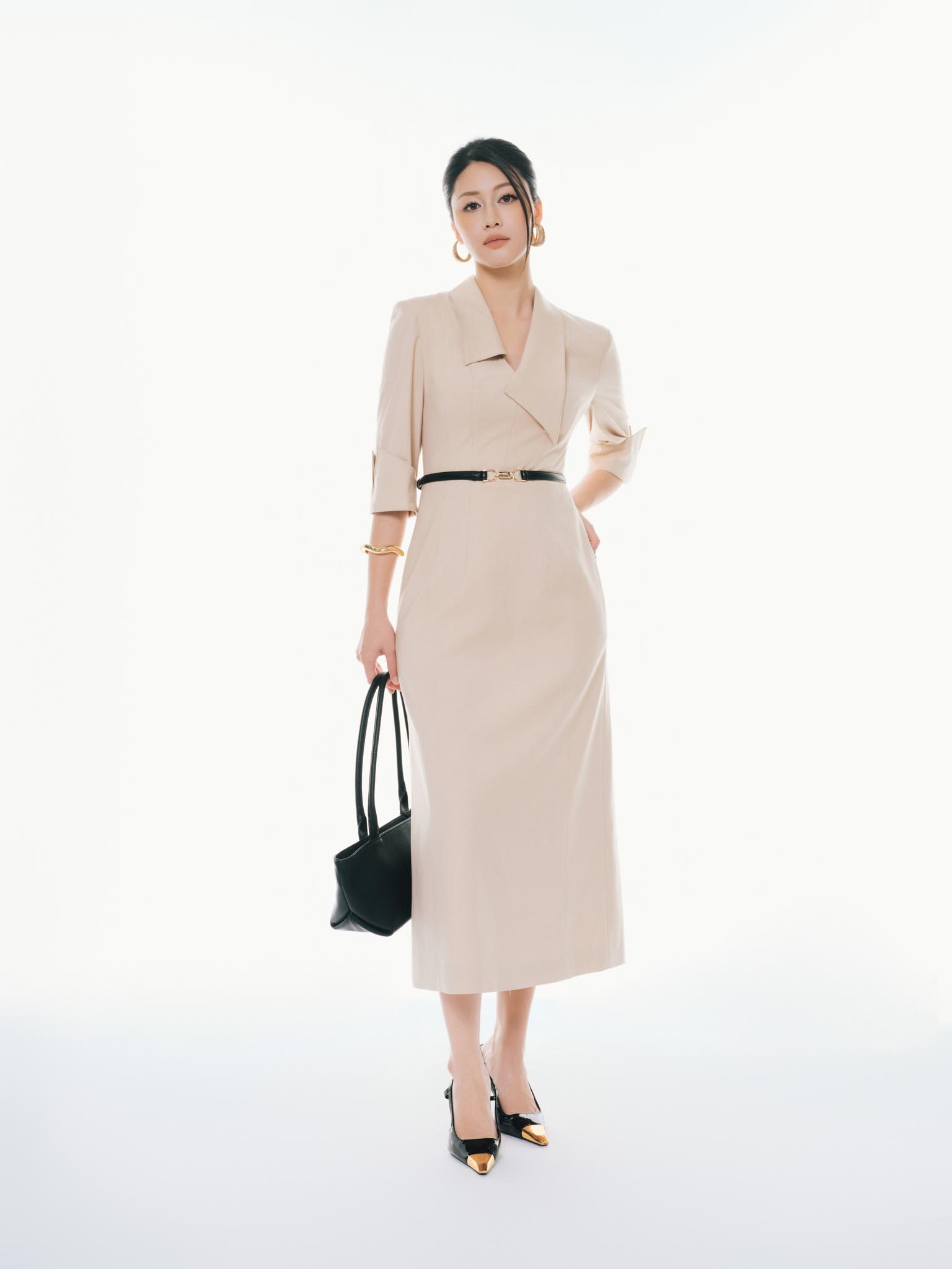 Váy basic cổ bẻ lệch măng séc tay bẻ gập cách điệu