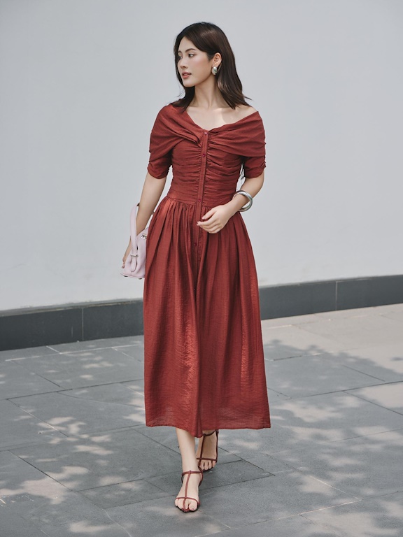 Váy cổ lệch xếp nhún 1 hàng cúc