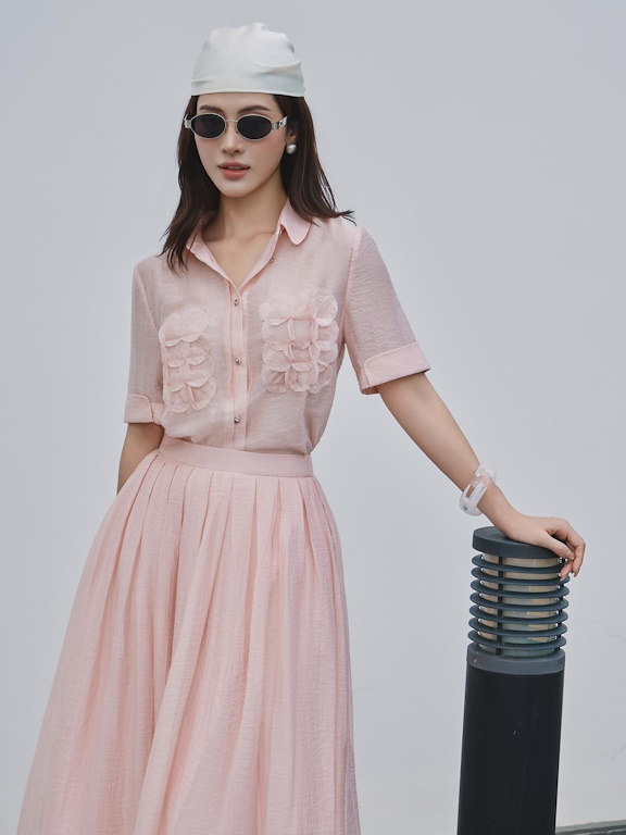 Áo sơ mi cổ đức túi ốp nhún bèo
