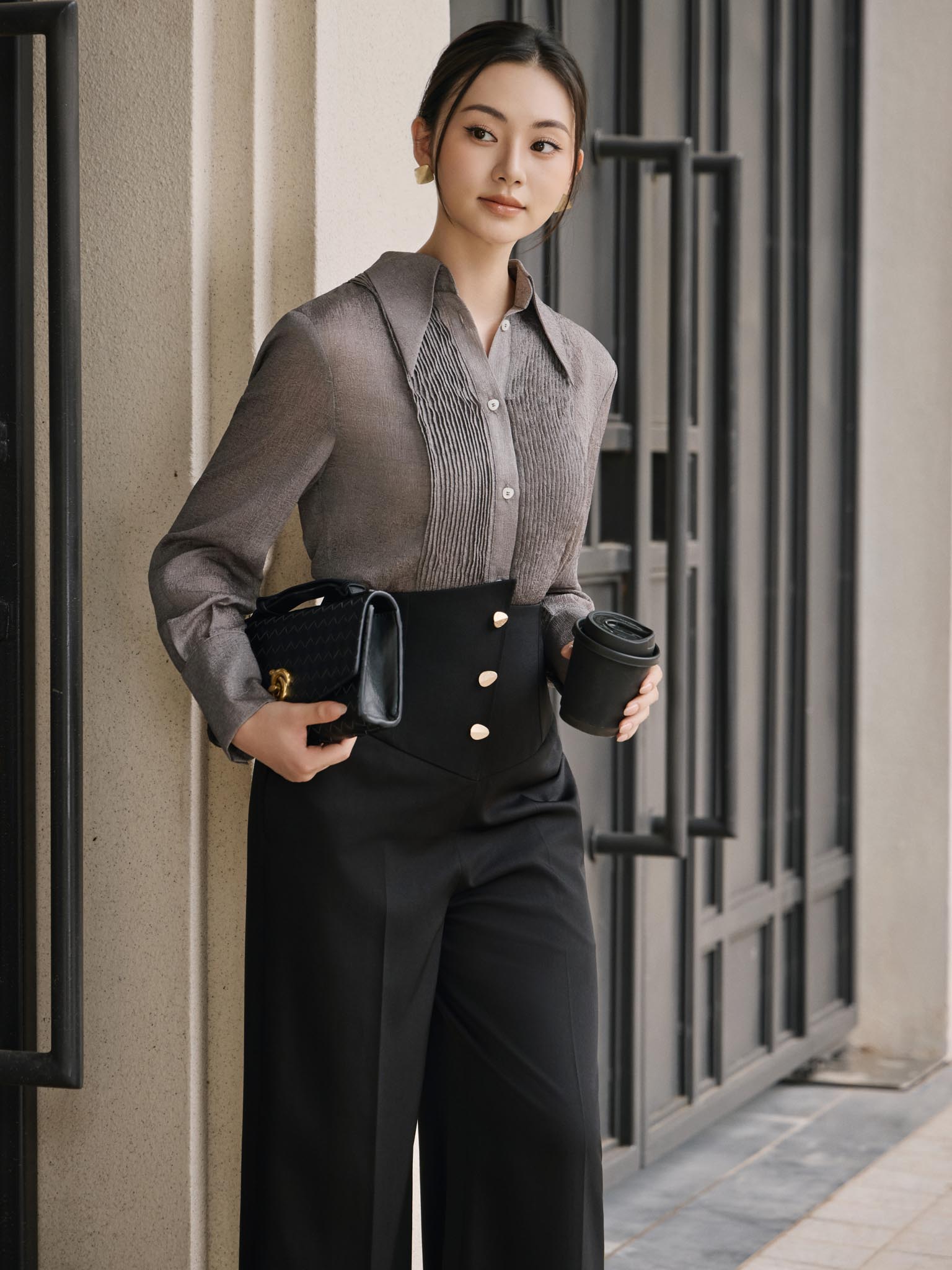 Quần ống suông cạp cao corset