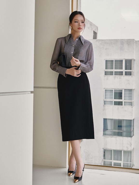 Chân váy midi cạp xếp chéo