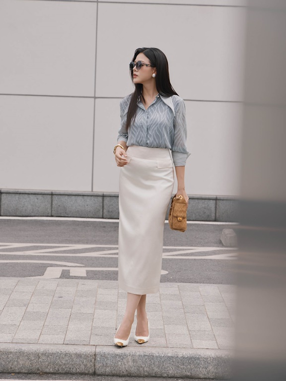 Chân váy lụa midi 2 nắp túi