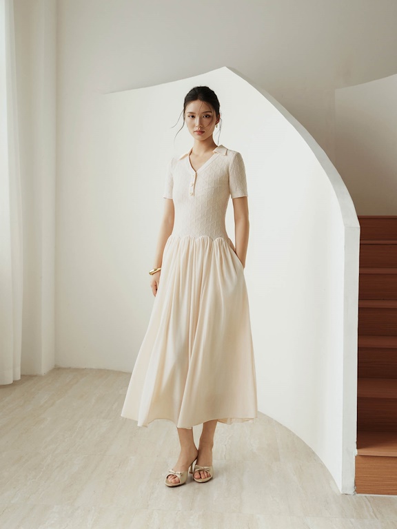 Váy thun len cổ polo chân nhún ly