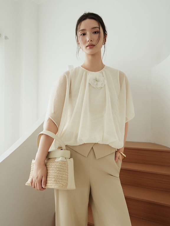 Áo voan cánh dơi cổ tròn nhún ly