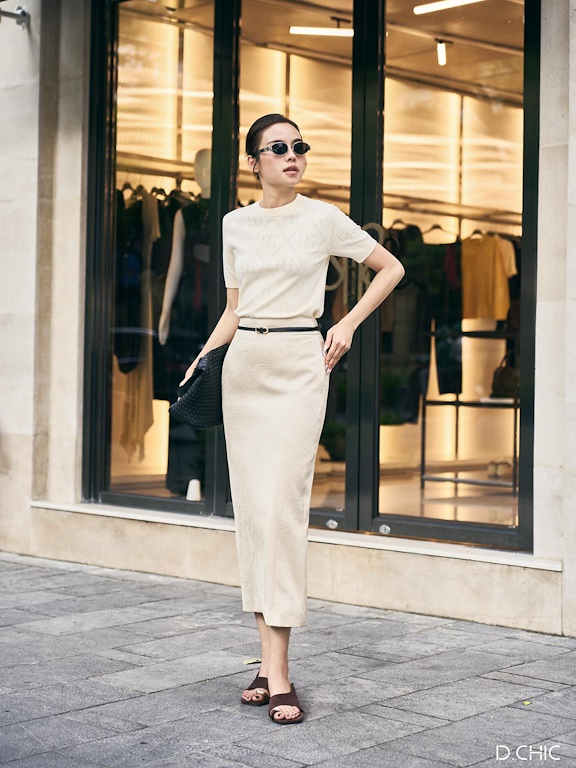 Chân váy midi lụa nhăn cạp liền