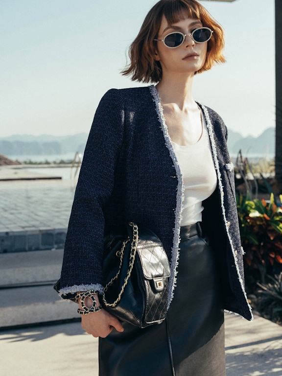 Áo vest dạ tweed cổ V phối viền
